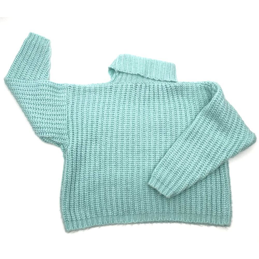 80s 90s Bravo Chunky Knit Cropped Turtleneck Sweater Pastel Turquoise Women Sz L